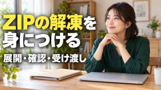 ZIPファイルの展開と受け渡しを学ぶ女性の説明用生成画像