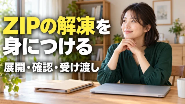 ZIPファイルの展開と受け渡しを学ぶ女性の説明用生成画像