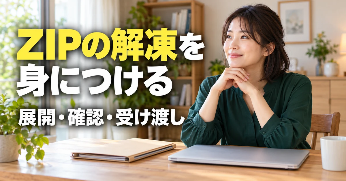 ZIPファイルの展開と受け渡しを学ぶ女性の説明用生成画像