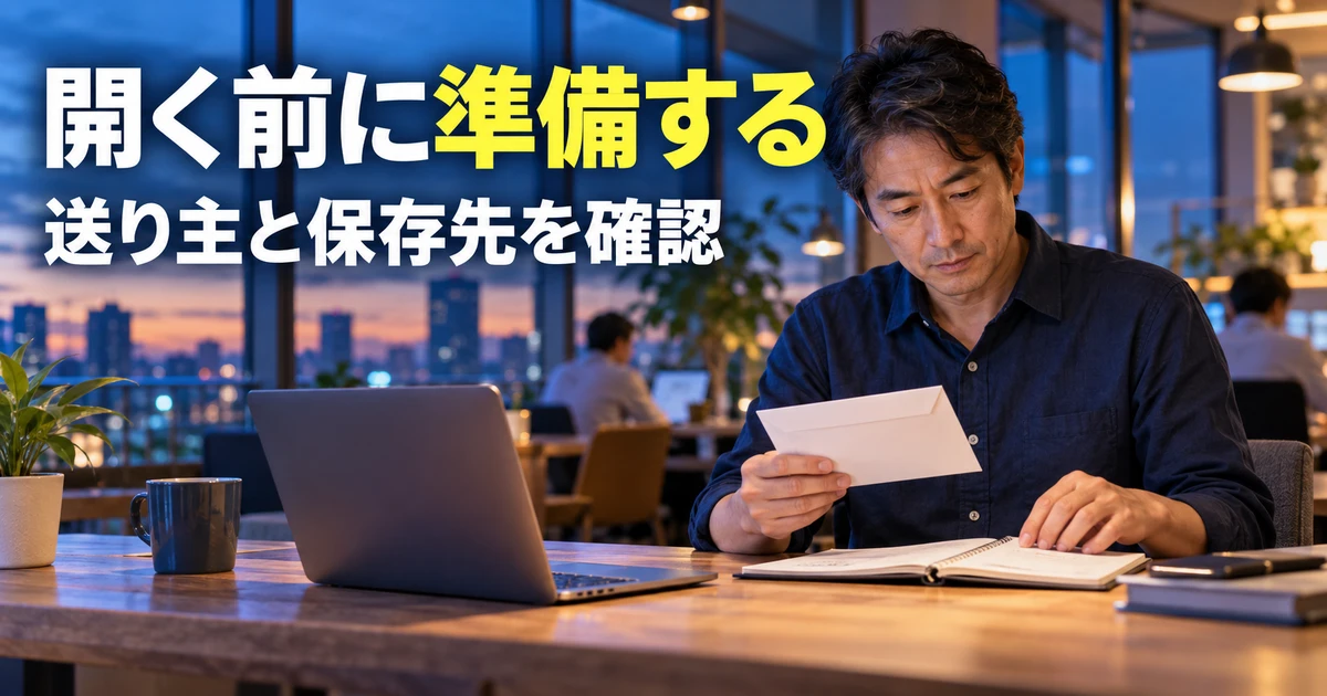 送り主と保存先を確かめる男性の説明用生成画像