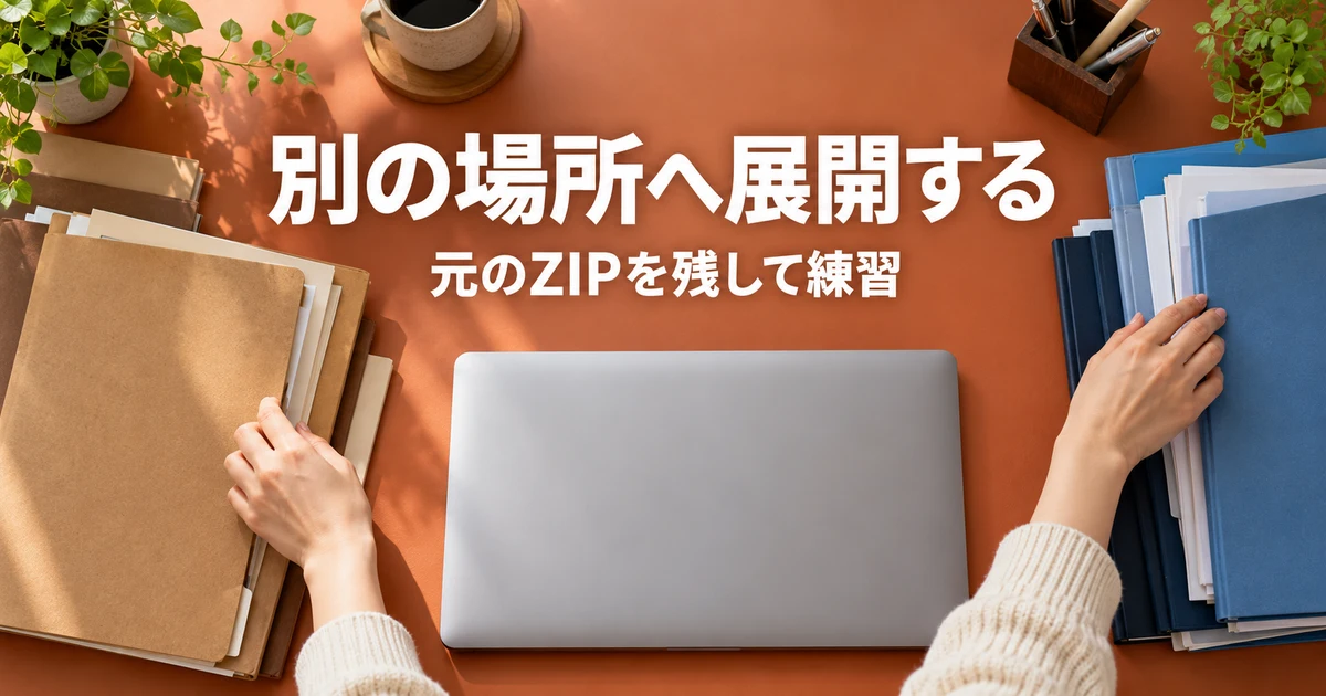 元のZIPと展開先を分けて整理する説明用生成画像