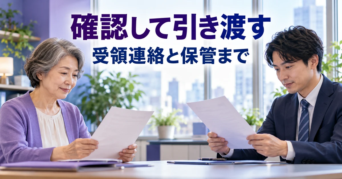 受領内容と保管場所を確かめて引き継ぐ二人の説明用生成画像