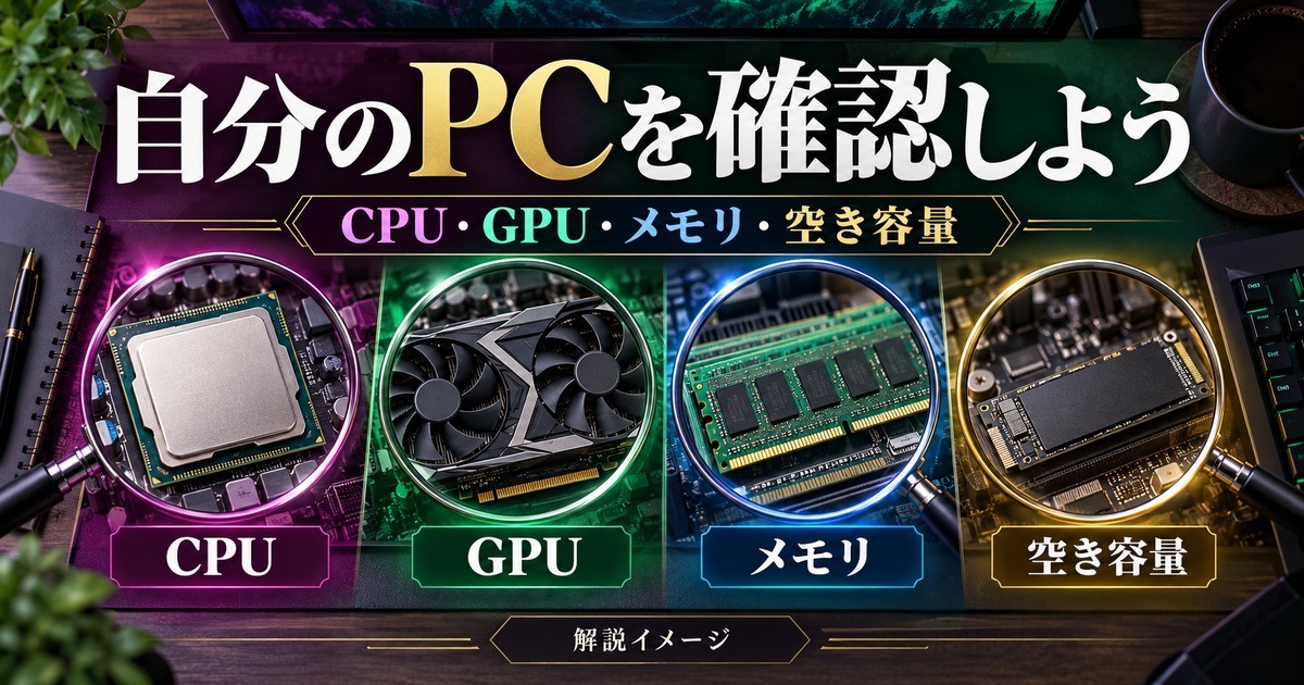 PCのCPU・GPU・メモリ・空き容量を調べる解説図
