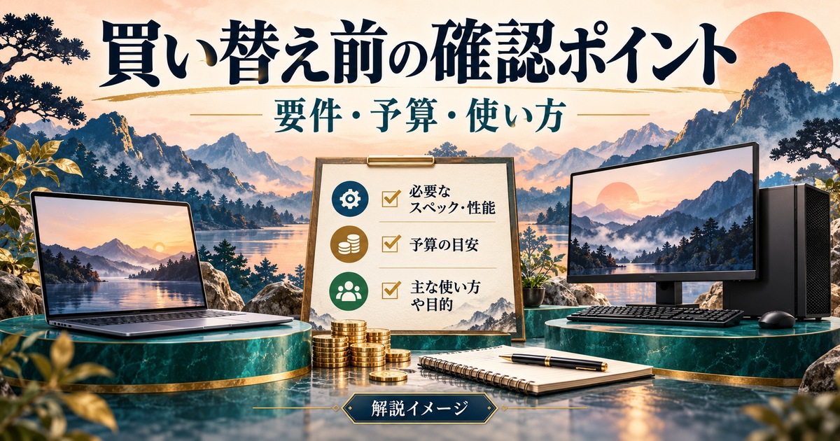 PC買い替え前に要件・予算・使い方を確認する概念図