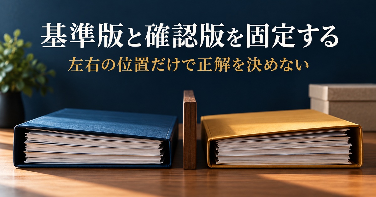 基準版と確認版の二つのフォルダーを分ける写真調イメージ。「基準版と確認版を固定する/左右の位置だけで正解を決めない」の説明文字付き