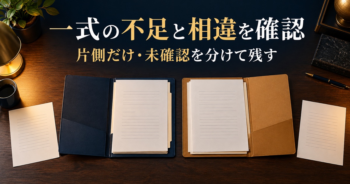 共通と片側だけの資料を分けて不足を調べる写真調イメージ。「一式の不足と相違を確認/片側だけ・未確認を分けて残す」の説明文字付き
