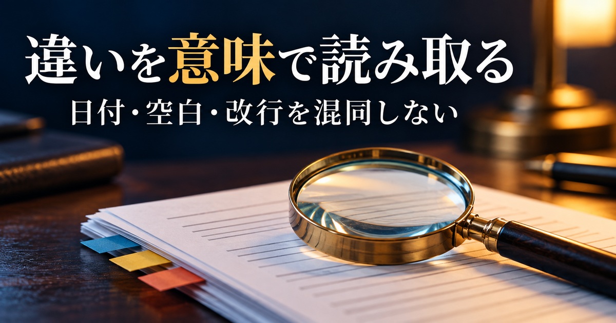 文書の一箇所を拡大して前後の意味を確認する写真調イメージ。「違いを意味で読み取る/日付・空白・改行を混同しない」の説明文字付き