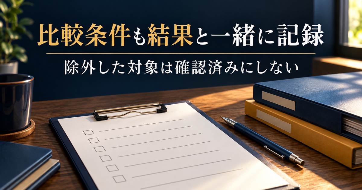 比較条件のメモと対象資料を並べて確認する写真調イメージ。「比較条件も結果と一緒に記録/除外した対象は確認済みにしない」の説明文字付き