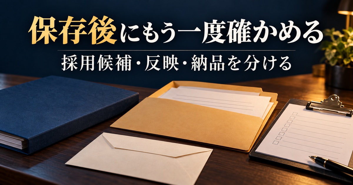 保存した資料を開き直して確認メモへ引き継ぐ写真調イメージ。「保存後にもう一度確かめる/採用候補・反映・納品を分ける」の説明文字付き