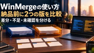 二つの資料トレーと六枚のカードで版の比較を表す写真調イメージ。「WinMergeの使い方／納品前に2つの版を比較／差分・不足・未確認を分ける」の説明文字付き