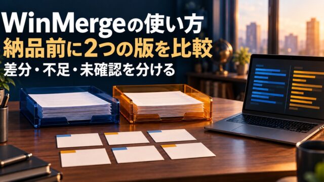 二つの資料トレーと六枚のカードで版の比較を表す写真調イメージ。「WinMergeの使い方／納品前に2つの版を比較／差分・不足・未確認を分ける」の説明文字付き