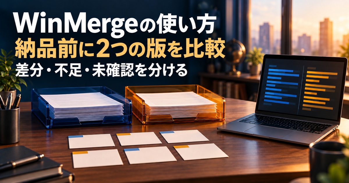 二つの資料トレーと六枚のカードで版の比較を表す写真調イメージ。「WinMergeの使い方／納品前に2つの版を比較／差分・不足・未確認を分ける」の説明文字付き