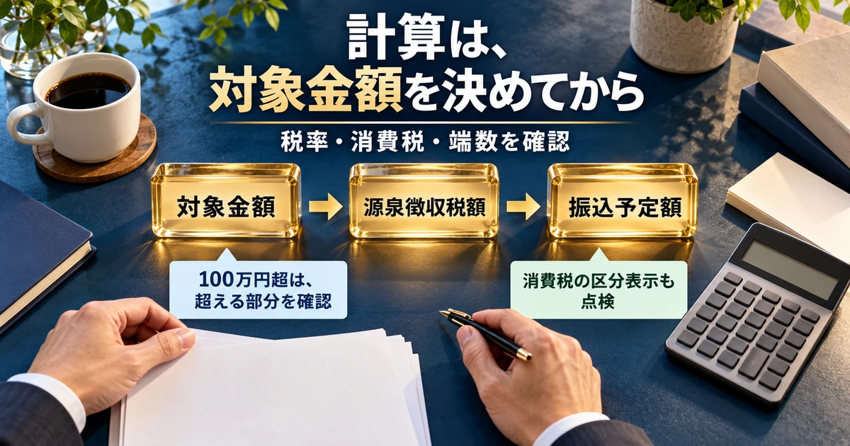 計算は、対象金額を決めてから:税率・消費税・端数を確認を示す説明用生成画像