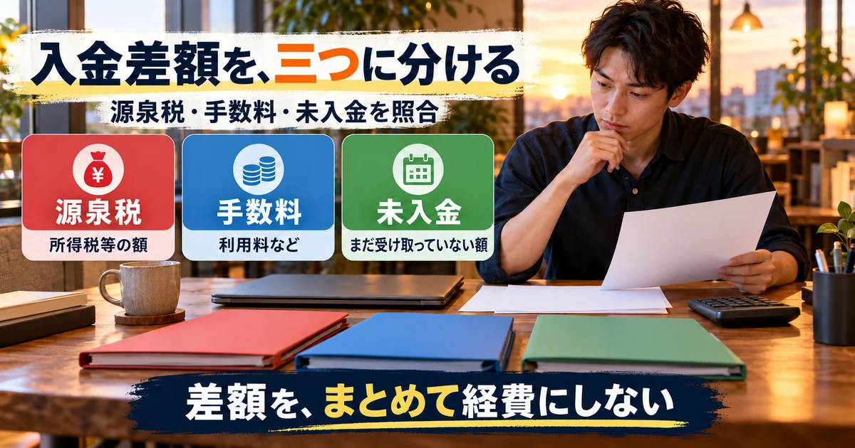 入金差額を、三つに分ける:源泉税・手数料・未入金を照合を示す説明用生成画像