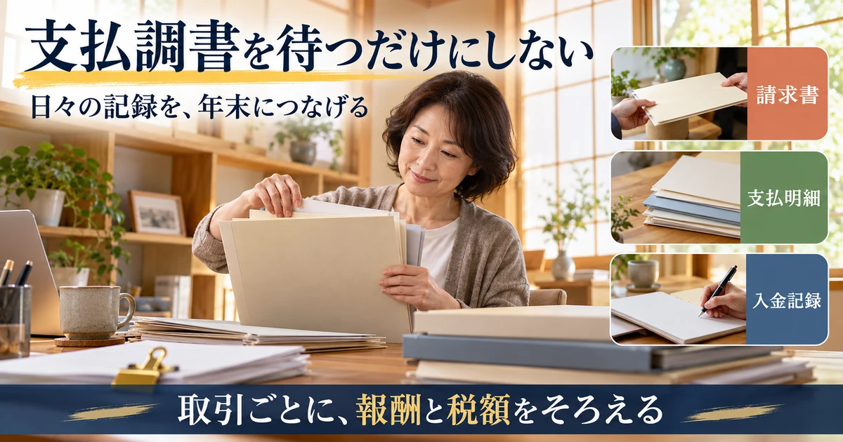 支払調書を待つだけにしない:日々の記録を、年末につなげるを示す説明用生成画像