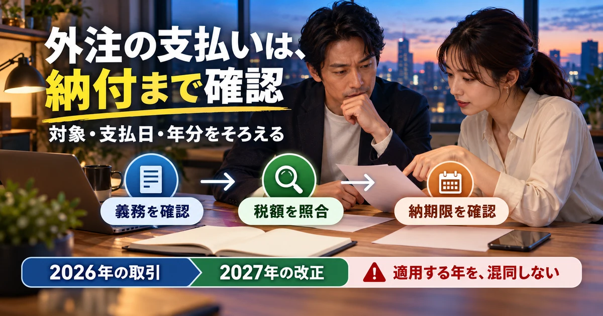 外注の支払いは、納付まで確認:対象・支払日・年分をそろえるを示す説明用生成画像