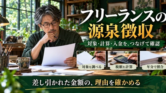 フリーランスの源泉徴収：対象・計算・入金を、つなげて確認を示す説明用生成画像
