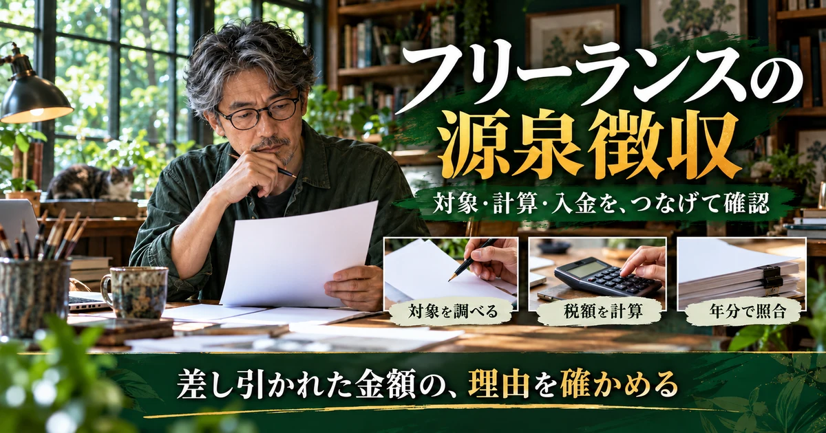 フリーランスの源泉徴収：対象・計算・入金を、つなげて確認を示す説明用生成画像