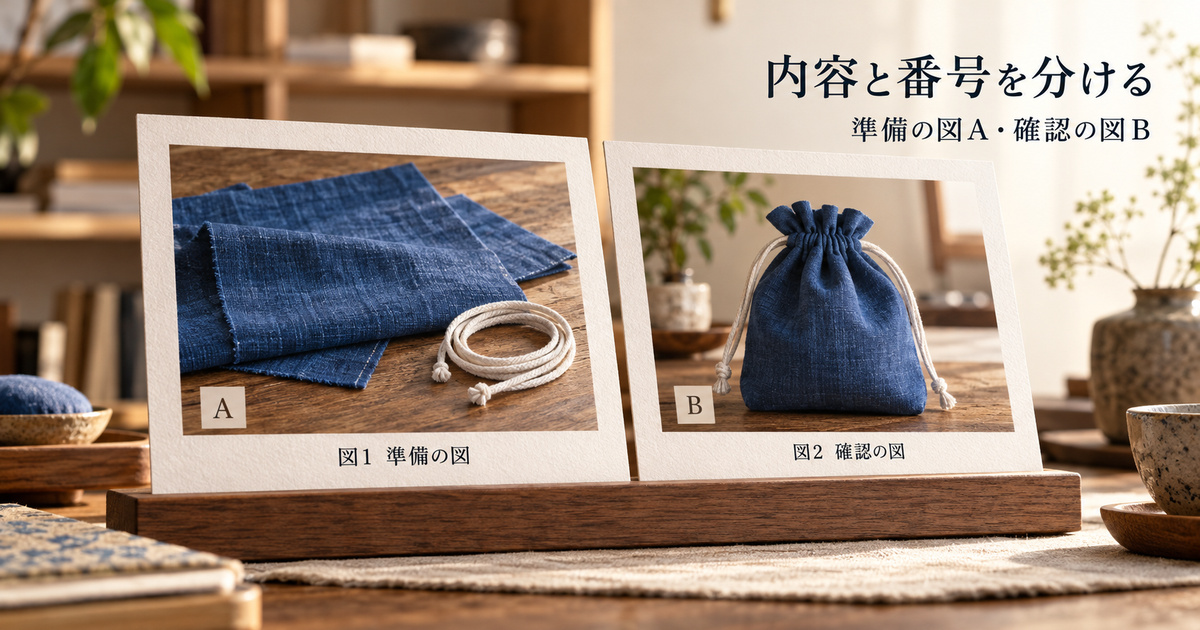 青い布とひもの写真Aと完成した巾着袋の写真Bを並べ、図の内容と番号を分ける説明用イメージ