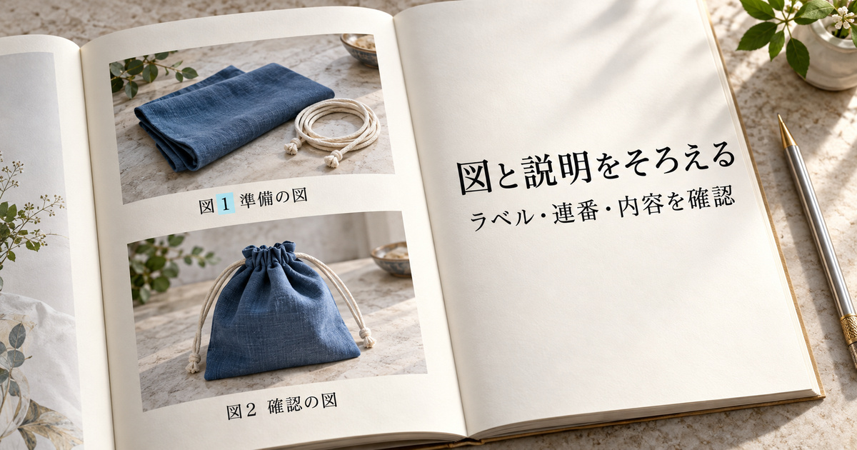 準備の図と確認の図の直下に番号と説明を配置し、図表番号を整える説明用イメージ