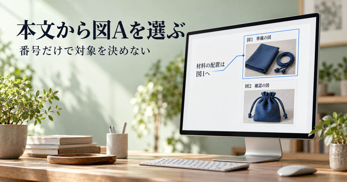 資料の本文から準備の図Aへ線をつなぎ、相互参照の対象を選ぶ説明用イメージ
