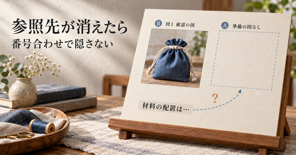 完成品の図Bだけが残った資料で準備の図Aの欠落を示し、参照先を点検する説明用イメージ