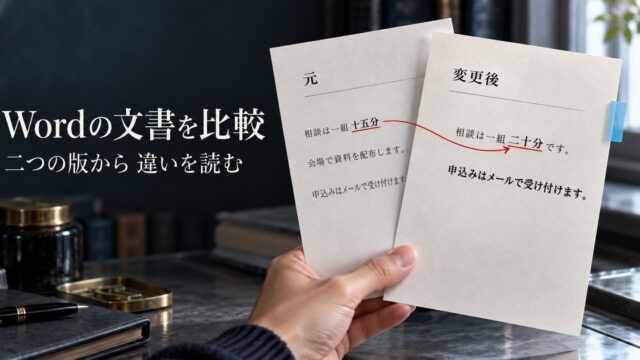 深い青灰色の編集室で二枚の案内文を手で持って見比べる、光と紙の魅力がある説明用イメージ