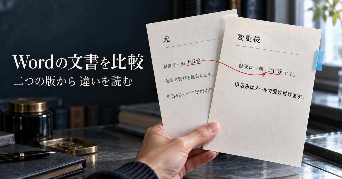 深い青灰色の編集室で二枚の案内文を手で持って見比べる、光と紙の魅力がある説明用イメージ