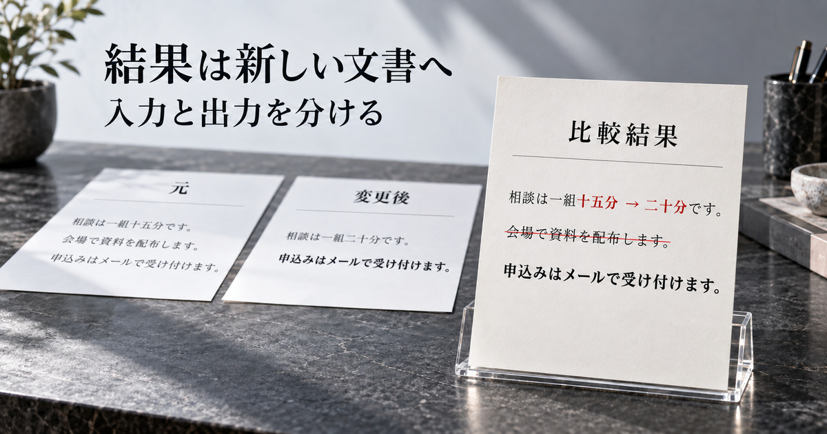 二つの入力書類とは別の比較結果を立て、新しい文書への出力を考える説明用イメージ