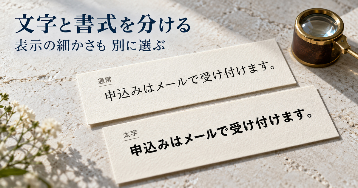 同じ申込文を通常文字と太字で並べ、文字と書式の違いを比べる説明用イメージ