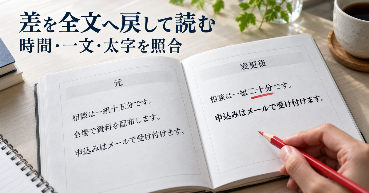 二版の案内文で時間・資料配布文・申込文を別々に照合する説明用イメージ