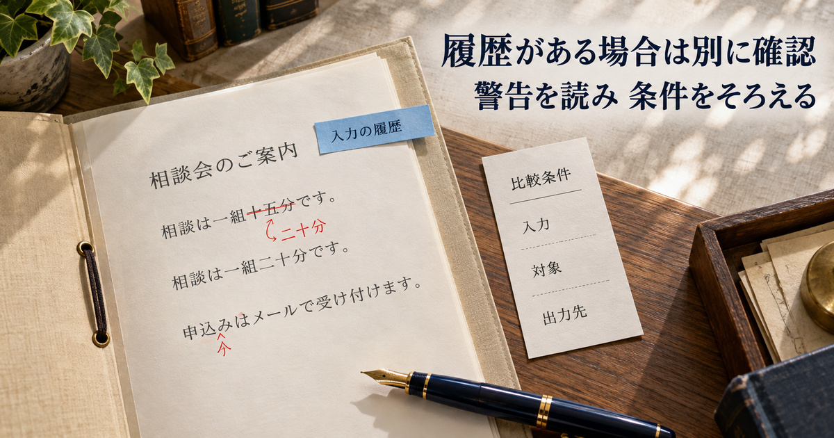 既存の修正履歴を示す注記付きの原稿を、比較条件と照合する説明用イメージ