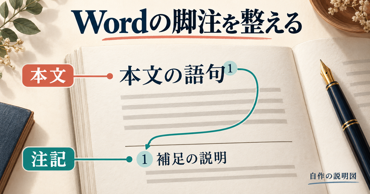 本文の語句と注記を対応させてWordの脚注を整理する説明図