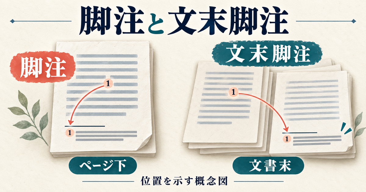 脚注をページ下、文末脚注を文書末に配置する違いの説明図