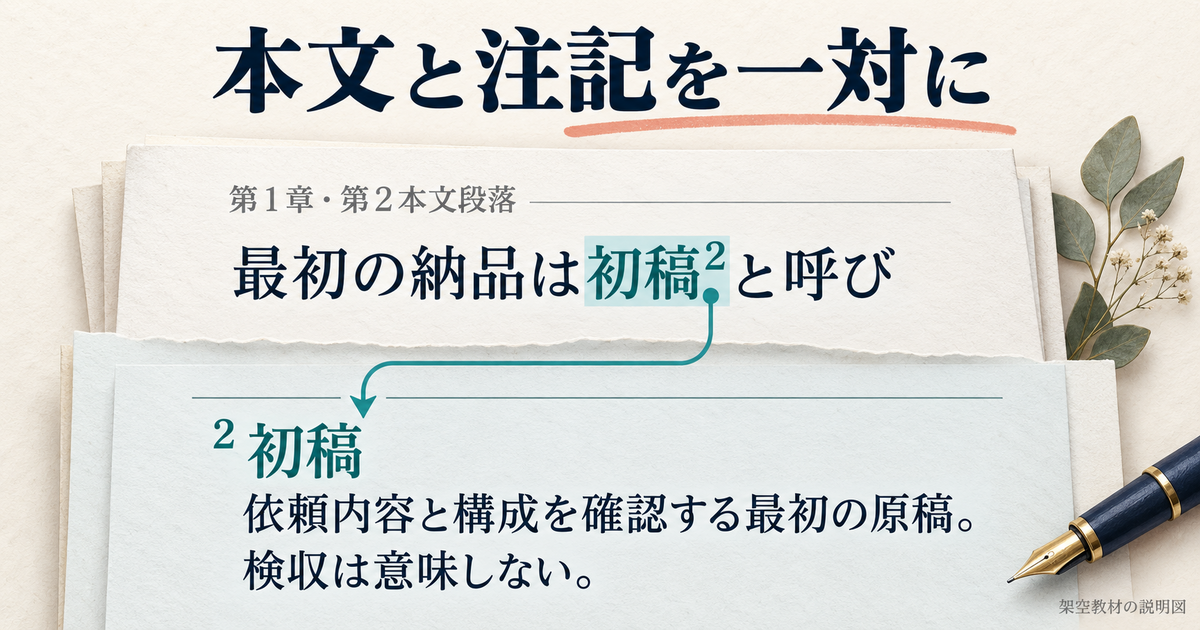本文段落の初稿に付けた参照マークと補足を一対で確かめる図