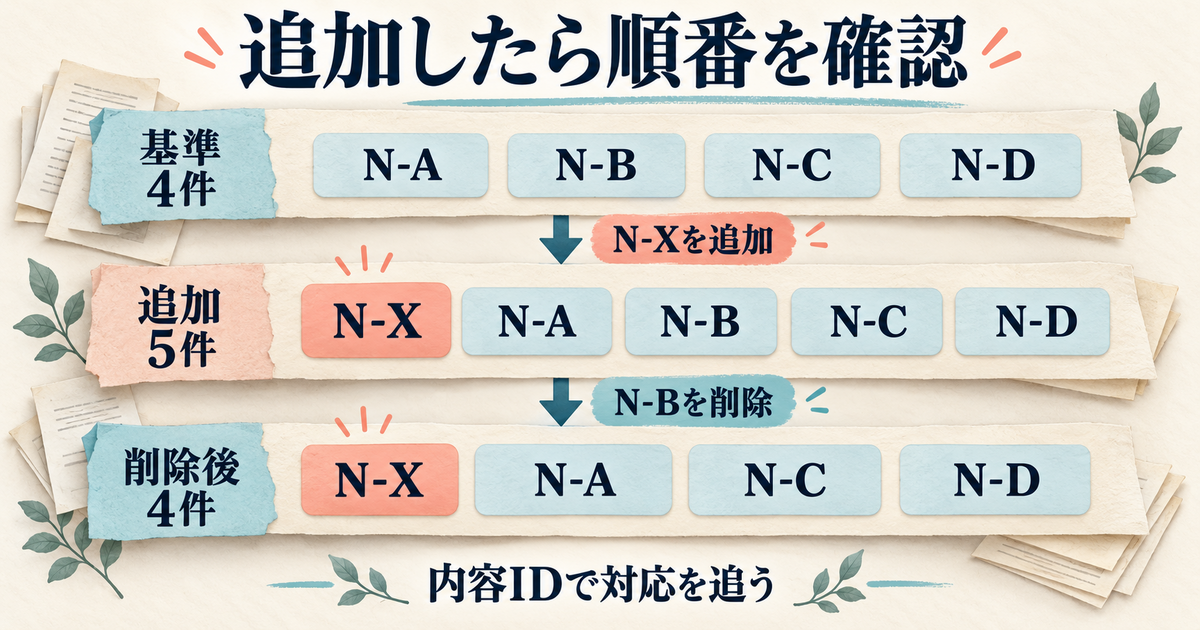 N-Xの追加後にN-Bを削除し、残る四件の順を確認する図