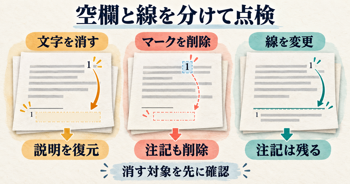 注記の文字消去、本文マークの削除、区切り線の変更を分けた図