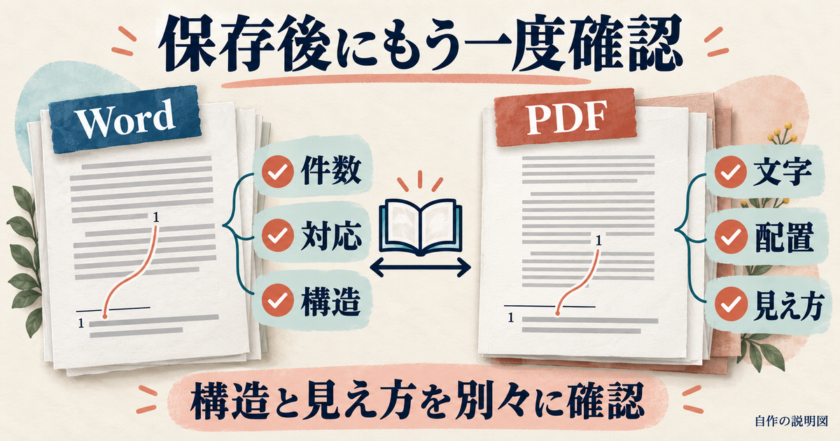 保存したWordとPDFで注記の対応と読みやすさを確認する図