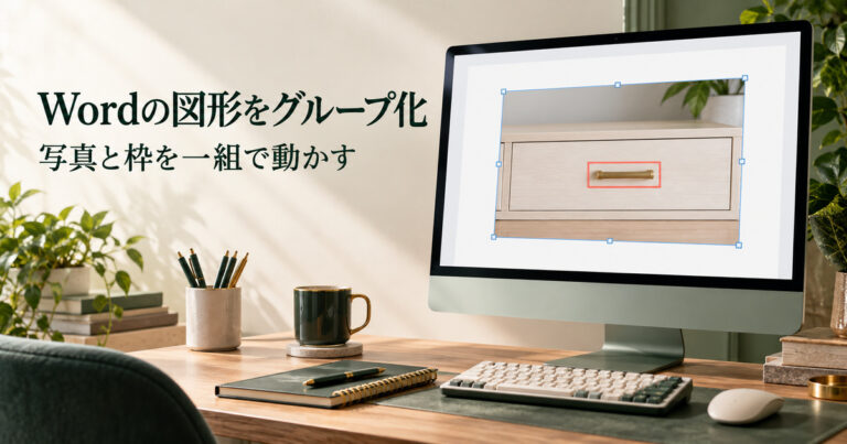 写真の取手に赤い注目枠を重ねた画面で、Wordの図形グループ化を考える説明用イメージ