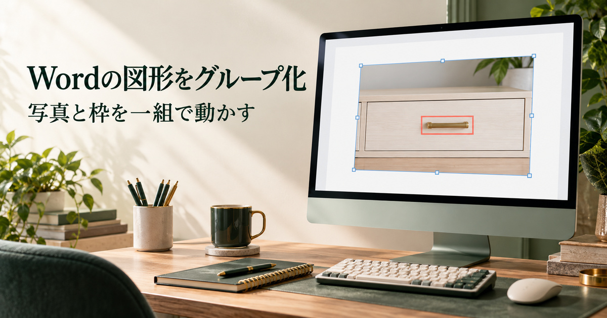 写真の取手に赤い注目枠を重ねた画面で、Wordの図形グループ化を考える説明用イメージ