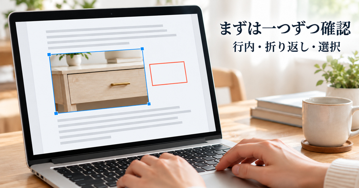 段落の中に置いた取手の写真と別の赤枠を画面で個別に確かめる、配置と選択の説明イメージ
