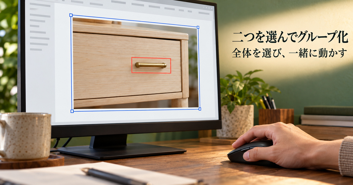 取手を囲う赤枠と写真の両方を青い外側の選択枠で示した、全体操作の説明イメージ