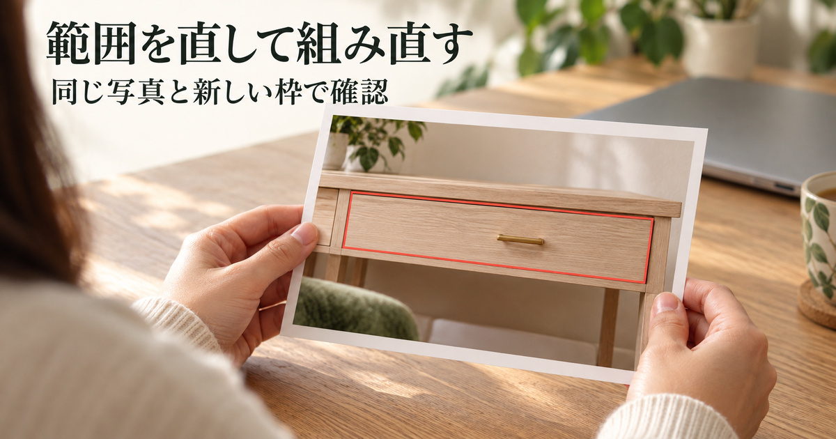 取手を含む引き出し全体へ赤い注目枠を広げた写真を確かめる、意図した修正の説明イメージ