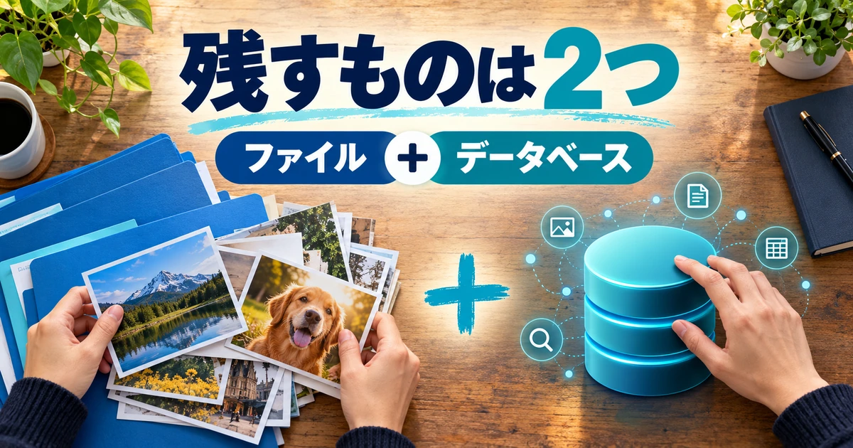 バックアップにはファイルとデータベースの両方が必要なことを示す図