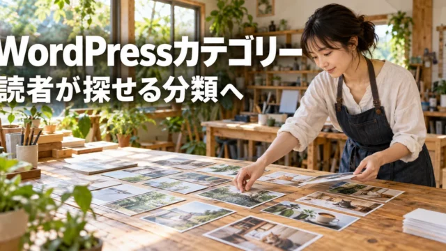 記事をカテゴリーに分けて整理する女性の説明用生成画像