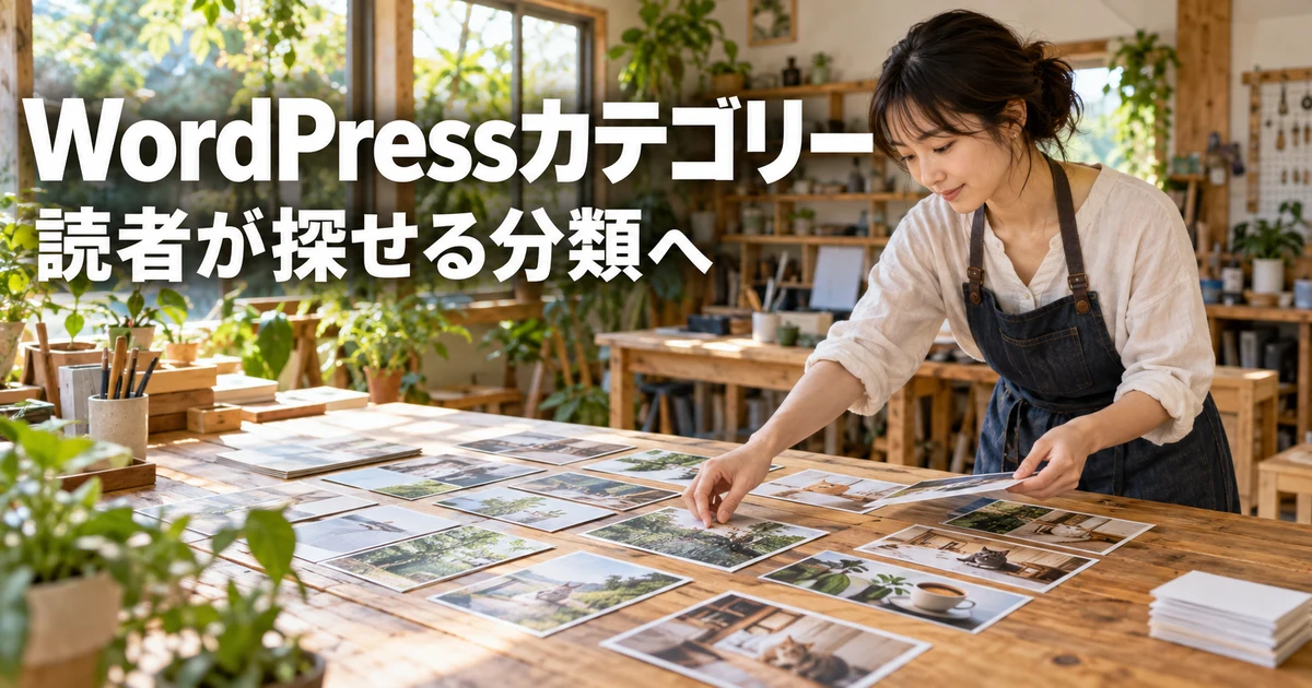 記事をカテゴリーに分けて整理する女性の説明用生成画像