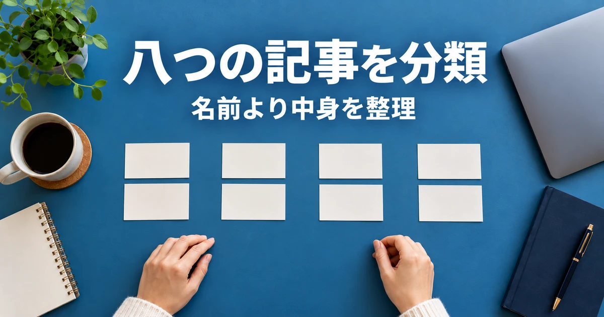 八つの記事の内容を比較してグループに分ける説明用生成画像
