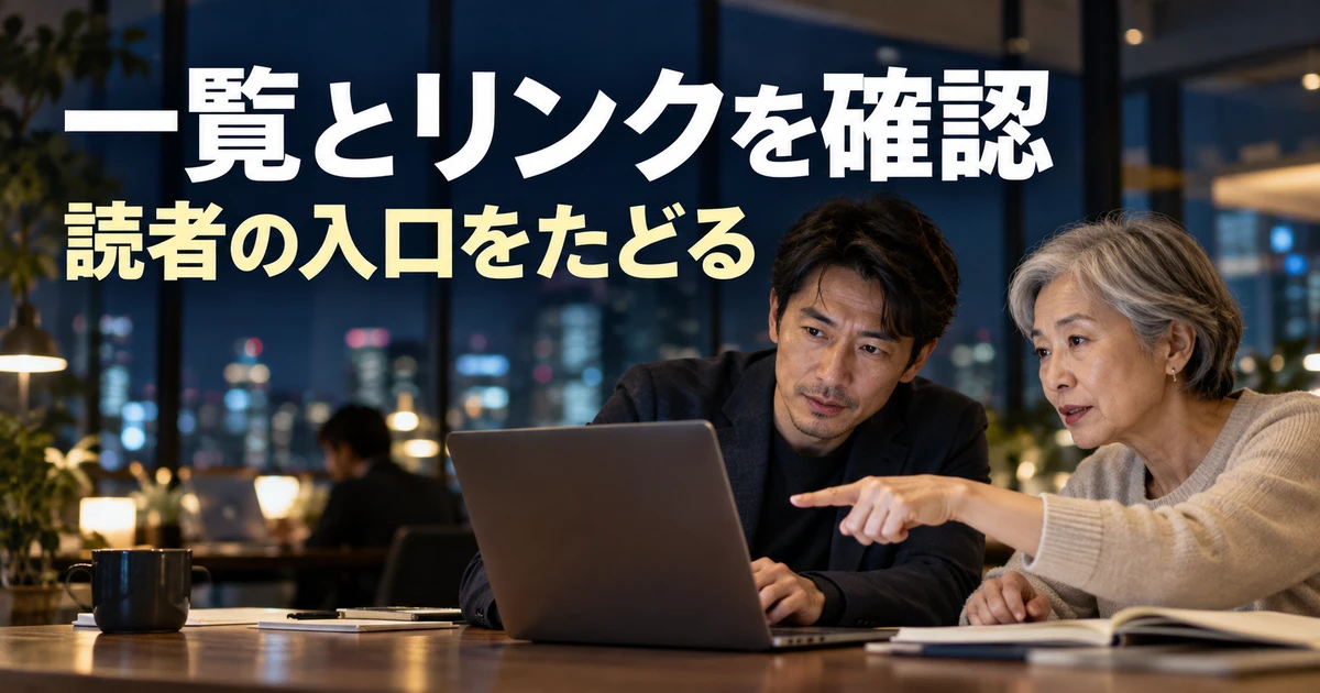 カテゴリー一覧とリンクのつながりを確認する二人の説明用生成画像