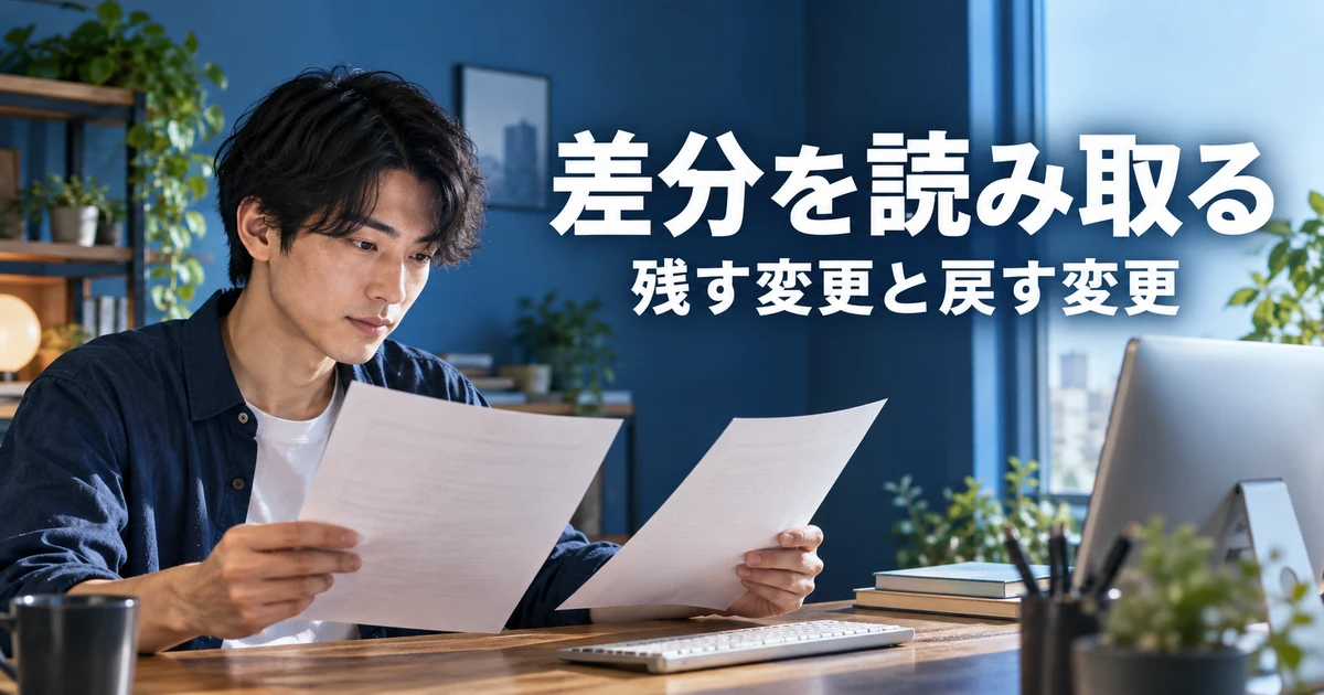 文章の差分を比較して必要な変更を選ぶ男性の説明用生成画像