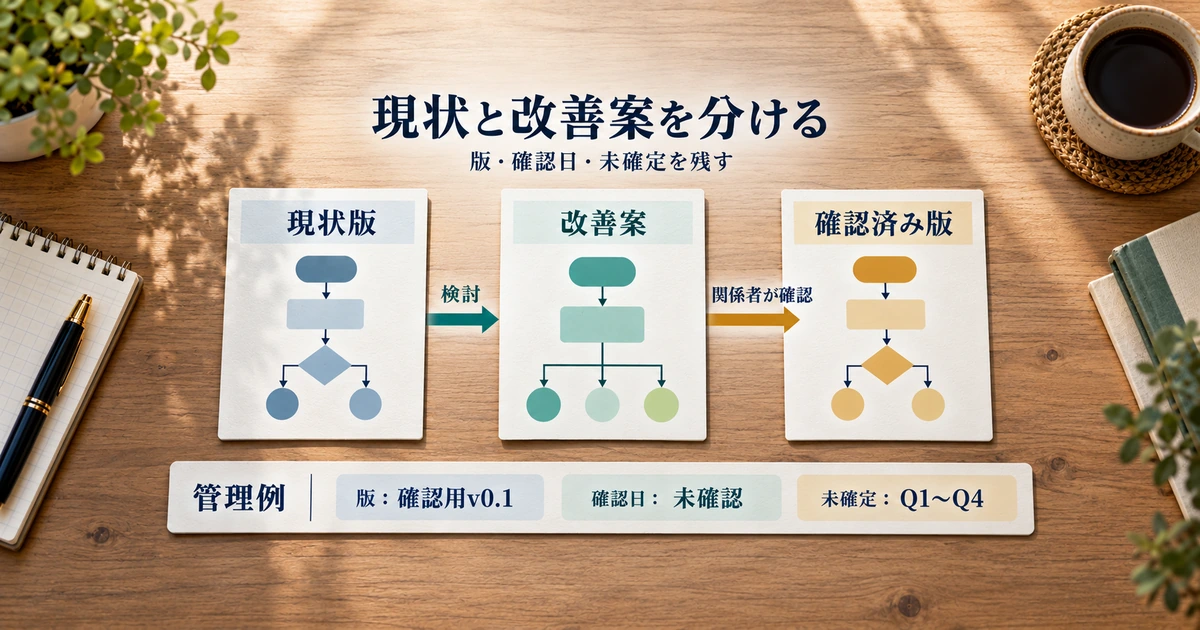 現状版、改善案、関係者が確認した版を分け、版番号・確認日・未確定事項を管理する例